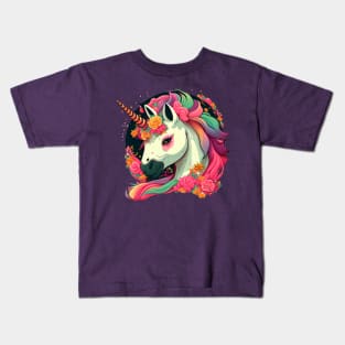 Whimsical Charm: A Cool and Colorful Fantasy Comic-Style Unicorn Emblem Kids T-Shirt